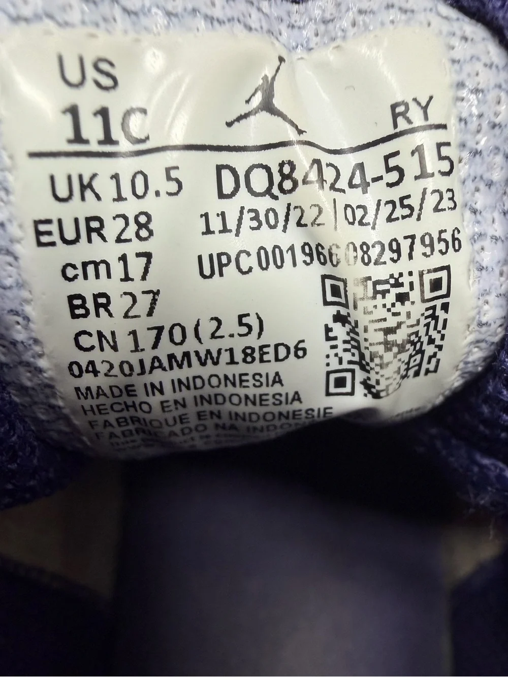 Nike Jordan 1 Kids' Purple and White High-Top Sneakers Sz.11c